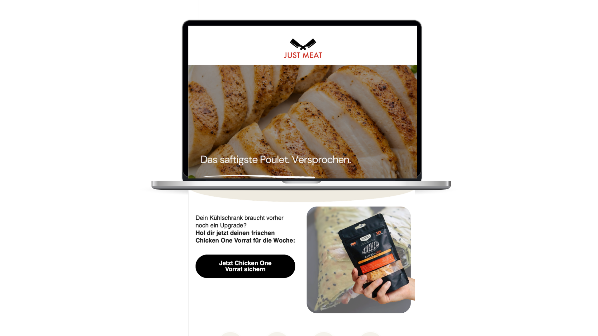 Just-Meat-Newsletter auf einem Laptop mit Poulet-Hero und einer Produkt-Promo für den wöchentlichen Chicken-One-Vorrat.